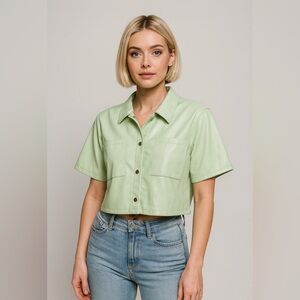 NOISY MAY - Faux-leather snap-front cropped short sleeve top in mint. Large